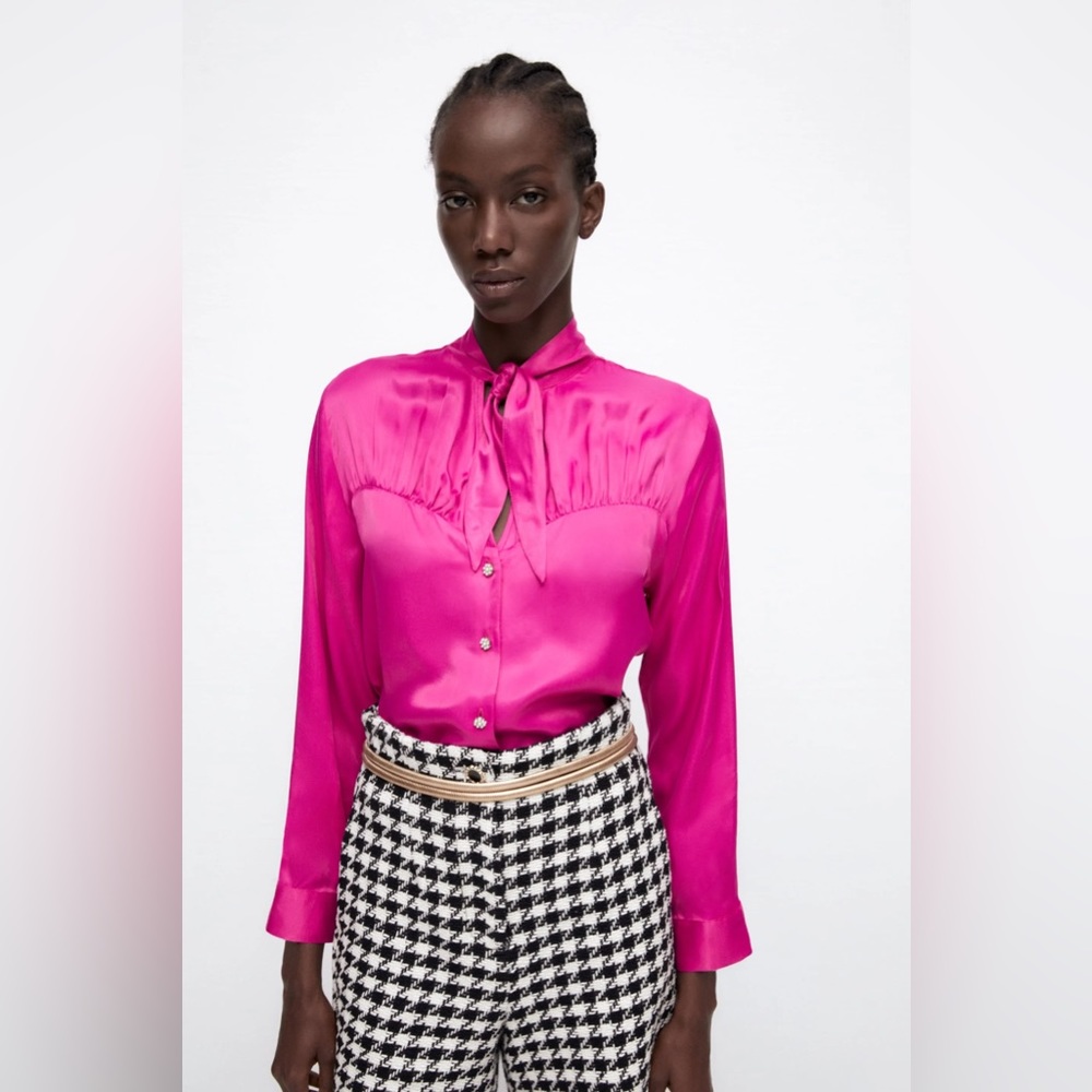 NWOT - Tied Satin Blouse with Pearl Buttons